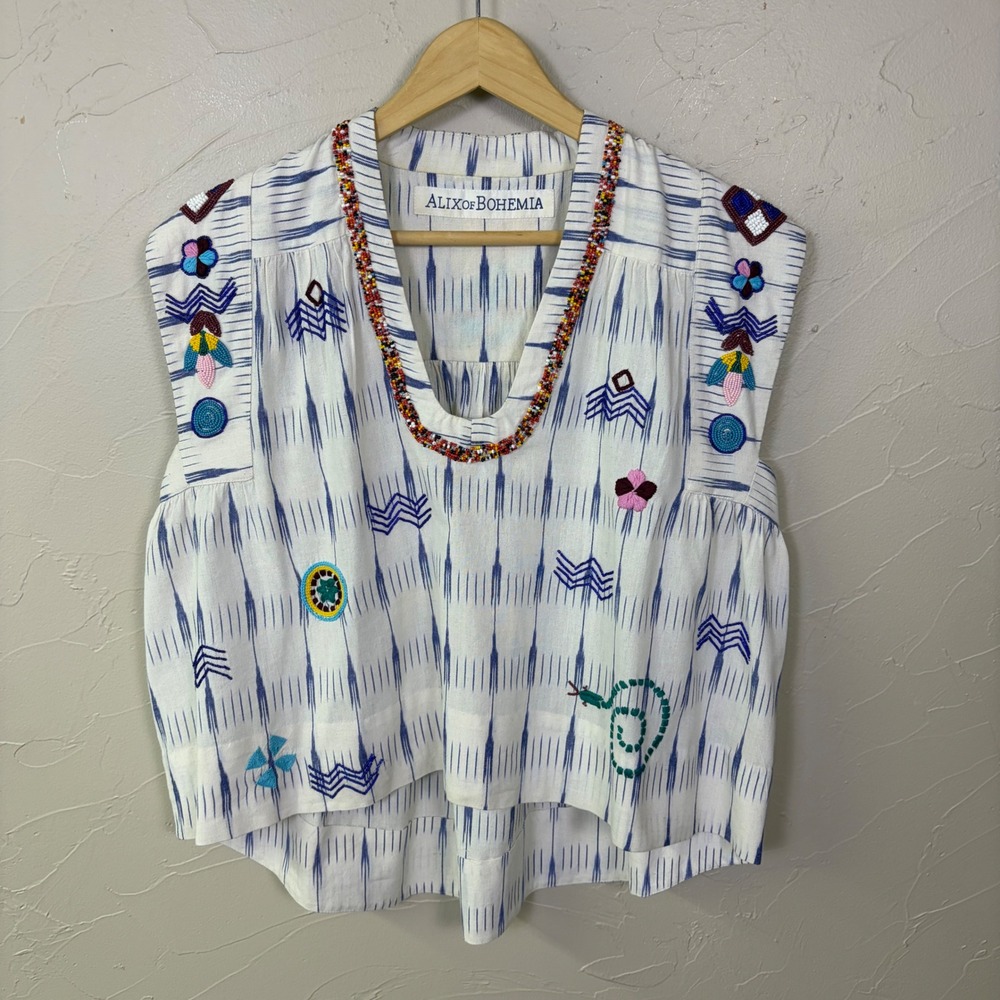 Alix of Bohemia Top Women Small Beaded Embroidered Ikat Cotton Boho Artisan $780 - Picture 2 of 15